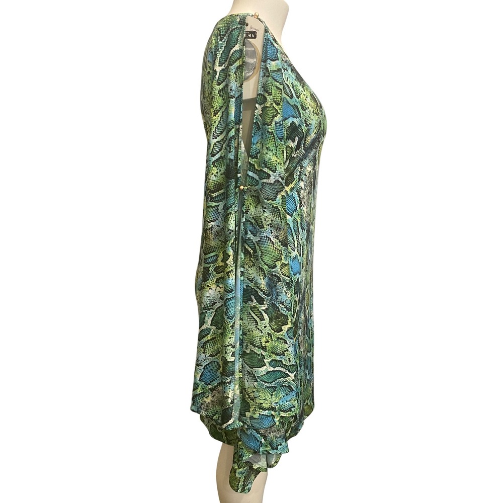 Coldesina Green Snake Print Asymmetrical Cape Sleeve Mini Dress Size L NEW - Picture 5 of 10